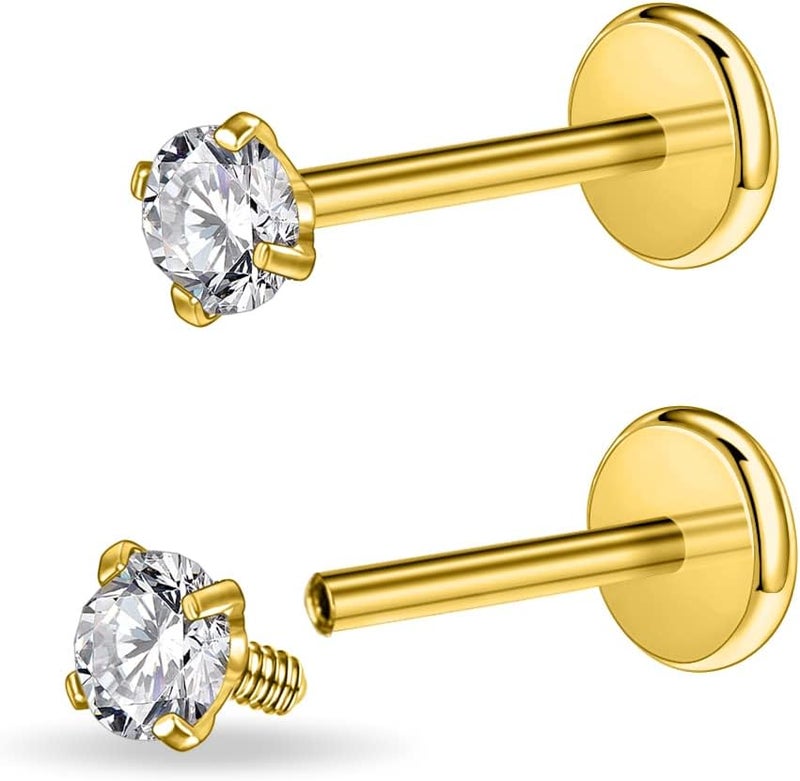 PunkTracker 16g/18g Surgical Steel Internal Thread CZ Stud Piercing Jewelry for Tragus/Nose/Helix/Conch/Medusa/Lip/Labret - Helix Tragus Cartilage Earring for Women Men 2PCS - Image 1